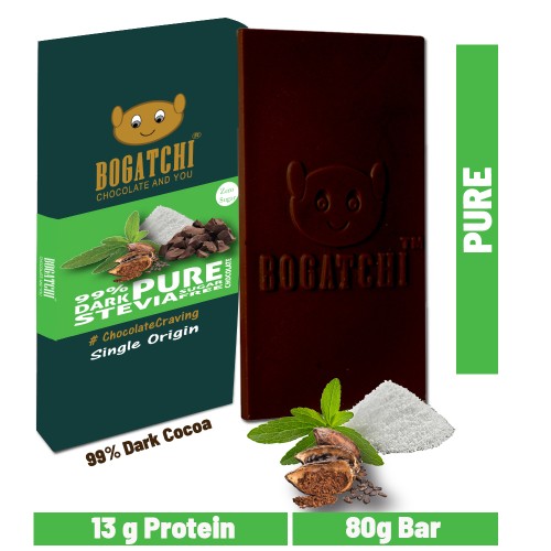 BOGATCHI Stevia Sugarfree Chocolate Bar, Pure, 80g